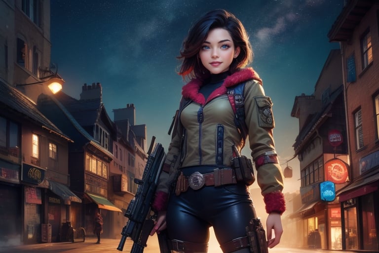 masterpiece,best quality, highly detailed, ruby_rose,1girl,solo,looking_at_viewer, smile, cowboy shot, standing, in futuristic city street, night, stars, female military patrolling with weapons, poakl