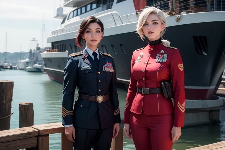 masterpiece,best quality, highly detailed, ruby_rose, looking_at_viewer, ((cowboy shot)), wearing military uniform, standing on pier, next to futuristic yacht, with white haired female military officer, officer with long white ponytail, other military officers, poakl