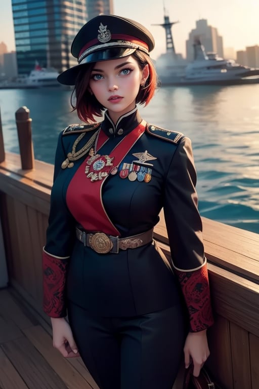 masterpiece,best quality, highly detailed, ruby_rose, looking_at_viewer, ((cowboy shot)), wearing military uniform, standing on pier, next to futuristic yacht, other military officers, poakl