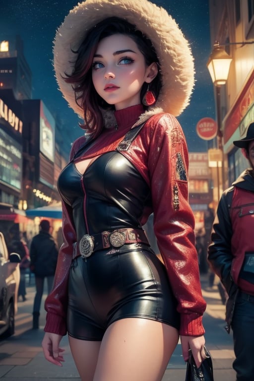 masterpiece,best quality, highly detailed, ruby_rose,1girl,solo,looking_at_viewer, cowboy shot, walking, in futuristic city street, night, stars, poakl