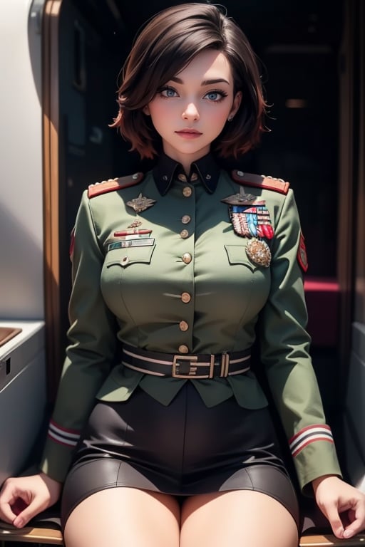 masterpiece,best quality, highly detailed, ruby_rose, looking_at_viewer, ((cowboy shot)), wearing military uniform, sitting in private jet above the sea,  other military officers on jet, poakl