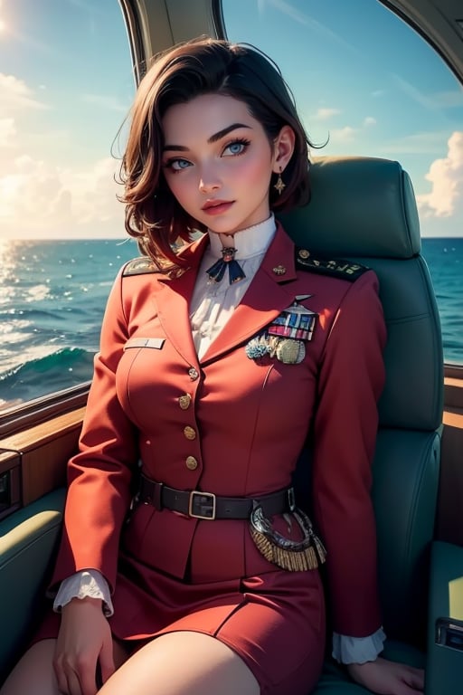 masterpiece,best quality, highly detailed, ruby_rose, looking_at_viewer, ((cowboy shot)), wearing military uniform, sitting in private jet above the sea,  other military officers on jet, poakl