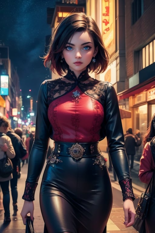 masterpiece,best quality, highly detailed, ruby_rose,1girl,solo,looking_at_viewer, cowboy shot, walking, in futuristic city street, night, stars, poakl