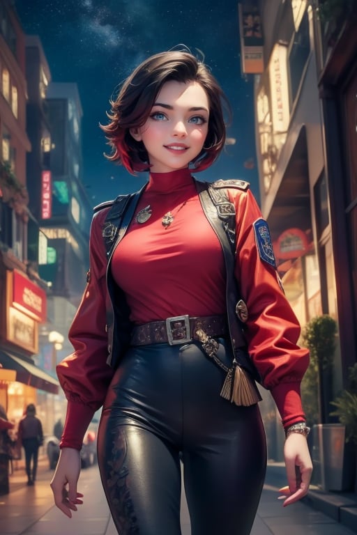 masterpiece,best quality, highly detailed, ruby_rose,1girl,solo,looking_at_viewer, smile, cowboy shot, walking, in futuristic city street, night, stars, military officers on patrol, poakl