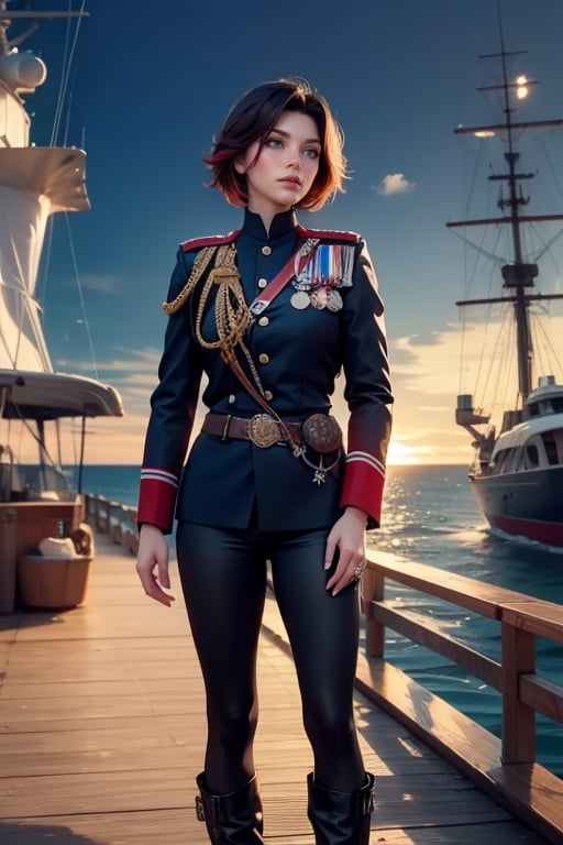 masterpiece,best quality, highly detailed, ruby_rose, looking_at_viewer, ((cowboy shot)), wearing military uniform, standing on pier, next to futuristic yacht, other military officers, poakl