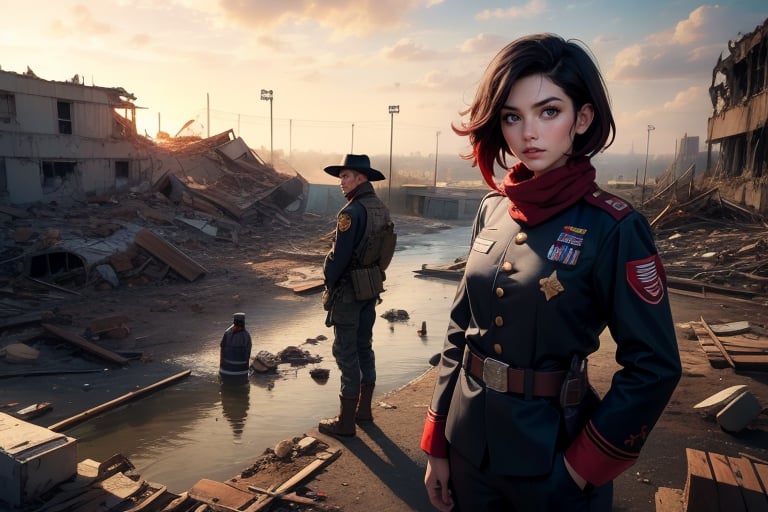 masterpiece,best quality, highly detailed, ruby_rose, very short black hair with red highlights, looking_at_viewer, ((cowboy shot)), wearing military uniform, standing with military officers from different countries, standing in collapsed stadium, bonfire, small crowd, rubble, burst waterpipe, post-apocalypse, dystopian future,  poakl