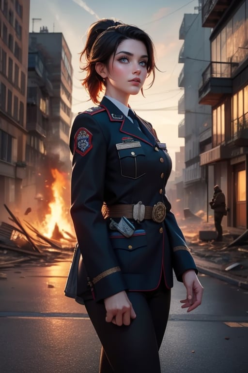 masterpiece,best quality, highly detailed, ruby_rose, looking_at_viewer, ((cowboy shot)), wearing military uniform, walking, with white haired female military officer, officer with long white ponytail, in cityscape,  female military on street, post-war ruins in distance, bonfire, post-apocalypse, dystopian future, poakl