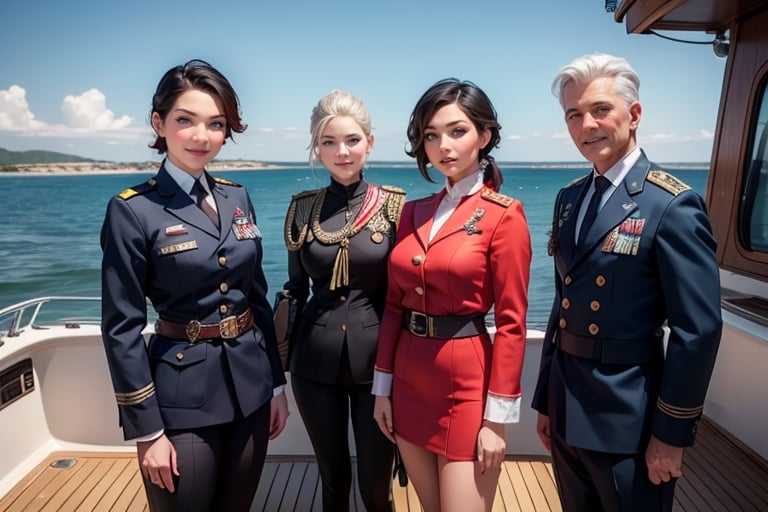 masterpiece,best quality, highly detailed, ruby_rose, looking_at_viewer, ((cowboy shot)), wearing military uniform, standing on pier, next to luxury yacht, with white haired female military officer, officer with long white ponytail, other military officers on jet, poakl