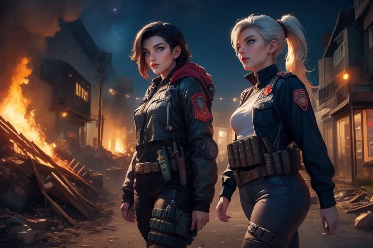 masterpiece,best quality, highly detailed, ruby_rose, looking_at_viewer,  cowboy shot, patrolling with white haired female military officer, officer with long white ponytail, in futuristic city street, night, stars, female military on street, post-war ruins in distance, bonfire, post-apocalypse, dystopian future, poakl