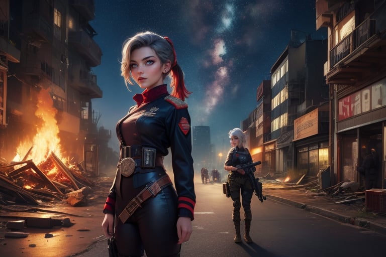 masterpiece,best quality, highly detailed, (ruby_rose, looking_at_viewer,  cowboy shot), standing, with white haired female military officer, officer with long white ponytail, in futuristic city street, night, stars, female military on street, post-war ruins in distance, bonfire, post-apocalypse, dystopian future, poakl