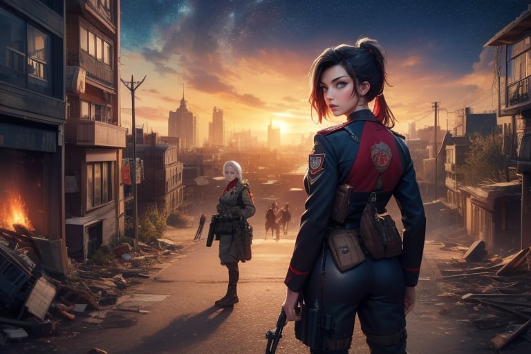 masterpiece,best quality, highly detailed, ruby_rose, looking_at_viewer, cowboy shot, standing, with white haired female military officer, officer with long white ponytail, in cityscape, night, stars, female military on street, post-war ruins in distance, bonfire, post-apocalypse, dystopian future, poakl