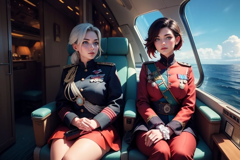 masterpiece,best quality, highly detailed, ruby_rose, looking_at_viewer, ((cowboy shot)), wearing military uniform, sitting, with white haired female military officer, officer with long white ponytail, in private jet above the sea,  other military officers on jet, poakl