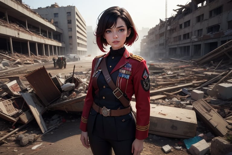 masterpiece,best quality, highly detailed, ruby_rose, very short black hair with red highlights, looking_at_viewer, ((cowboy shot)), wearing military uniform, standing with military officers from different countries, standing in collapsed stadium, bonfire, small crowd, rubble, burst waterpipe, post-apocalypse, dystopian future,  poakl