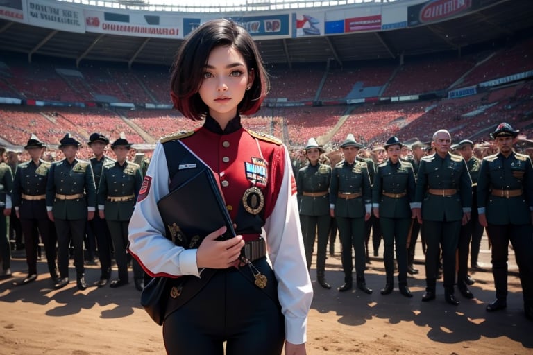 masterpiece,best quality, highly detailed, ruby_rose, very short black hair with red highlights, looking_at_viewer, ((cowboy shot)), wearing military uniform, standing with female officers who are representing different countries, standing in stadium, small crowd, spectators, poakl