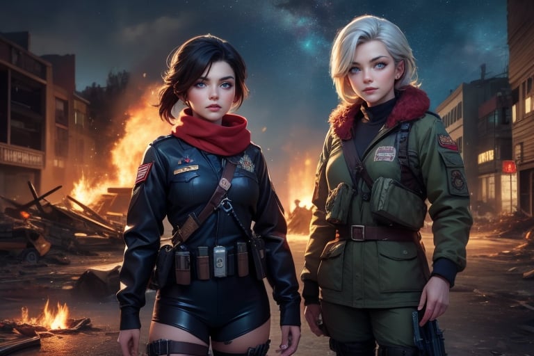 masterpiece,best quality, highly detailed, ruby_rose, looking_at_viewer, cowboy shot, standing, with white haired female military officer, officer with long white ponytail, in cityscape, night, stars, female military on street, post-war ruins in distance, bonfire, post-apocalypse, dystopian future, poakl