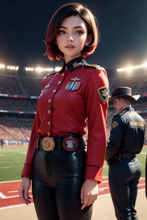 masterpiece,best quality, highly detailed, ruby_rose, very short black hair with red highlights, looking_at_viewer, ((cowboy shot)), wearing military uniform, standing with fellow female officers, standing in stadium, small crowd, spectators, poakl