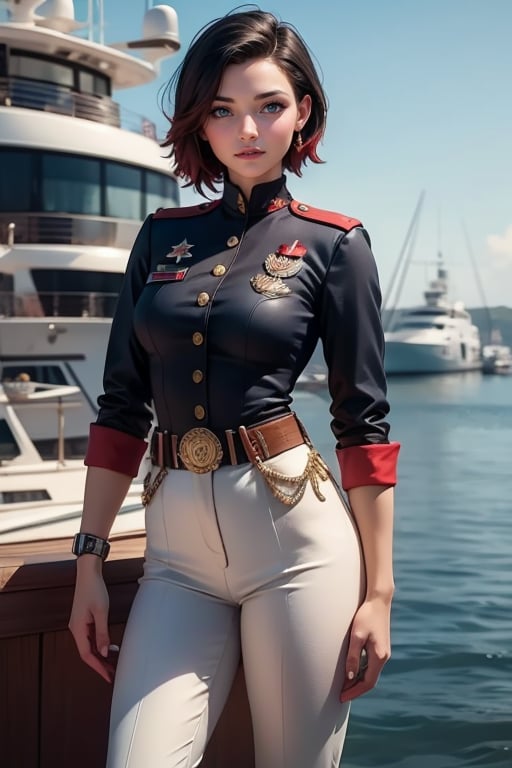 masterpiece,best quality, highly detailed, ruby_rose, looking_at_viewer, ((cowboy shot)), wearing military uniform, standing on pier, next to futuristic yacht, other military officers, poakl