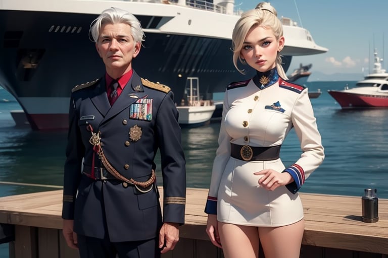 masterpiece,best quality, highly detailed, ruby_rose, looking_at_viewer, ((cowboy shot)), wearing military uniform, standing on pier, next to futuristic yacht, with white haired female military officer, officer with long white ponytail, other military officers, poakl