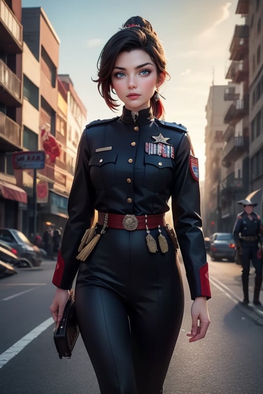 masterpiece,best quality, highly detailed, ruby_rose, looking_at_viewer, ((cowboy shot)), wearing military uniform, walking, with white haired female military officer, officer with long white ponytail, in cityscape,  female military on street, post-war ruins in distance, bonfire, post-apocalypse, dystopian future, poakl