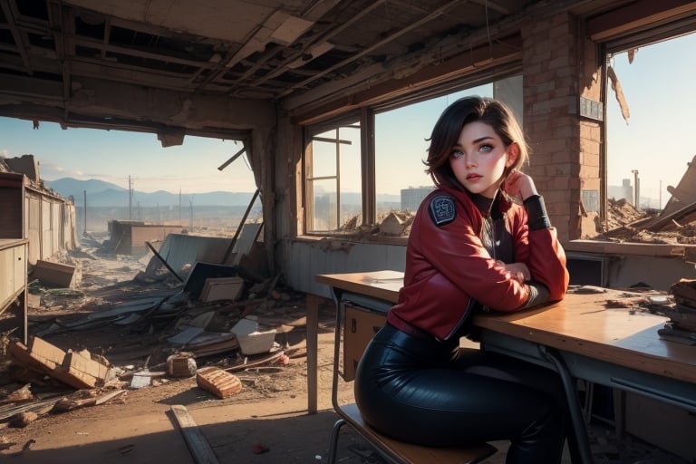 masterpiece,best quality, highly detailed, ruby_rose, looking_at_viewer, ((cowboy shot)), sitting with other female officers, sitting in collapsed school buildings, desks, bonfire, rubble, post-apocalypse, dystopian future,  poakl