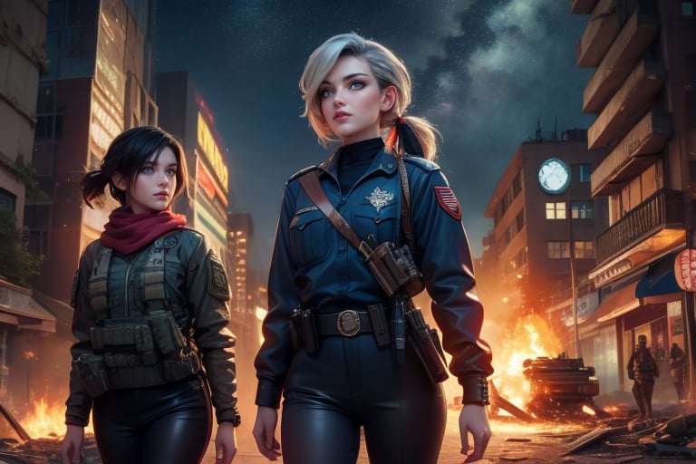 masterpiece,best quality, highly detailed, ruby_rose, looking_at_viewer,  cowboy shot, patrolling with white haired female military officer, officer with long white ponytail, in futuristic city street, night, stars, female military on street, post-war ruins in distance, bonfire, post-apocalypse, dystopian future, poakl