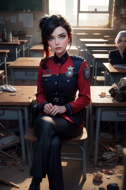 masterpiece,best quality, highly detailed, ruby_rose, looking_at_viewer, ((cowboy shot)), walking with white haired female military officer, (officer with long white ponytail), other officers, sitting in colapsed school buildings, desks bonfire, rubble, post-apocalypse, dystopian future,  poakl