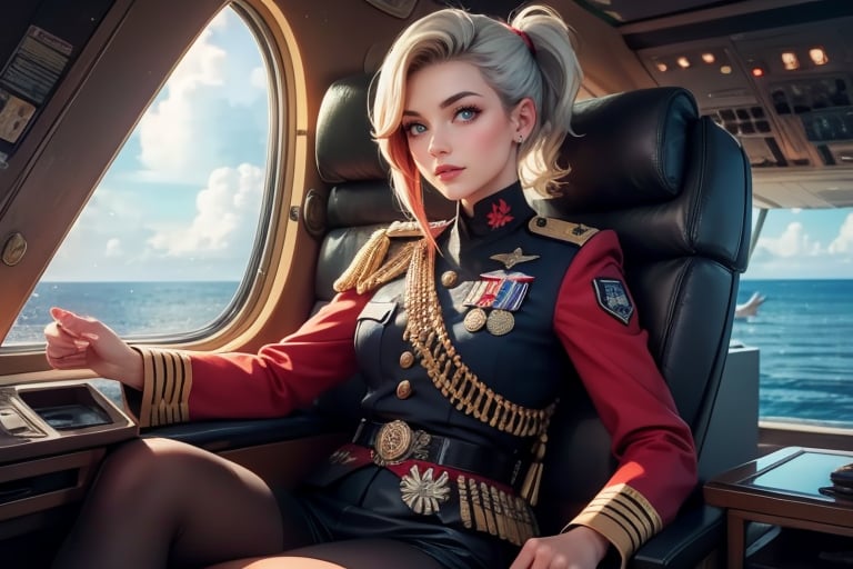 masterpiece,best quality, highly detailed, ruby_rose, looking_at_viewer, ((cowboy shot)), wearing military uniform, sitting, with white haired female military officer, officer with long white ponytail, in private jet above the sea,  other military officers on jet, poakl