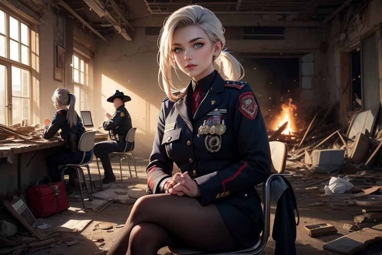 masterpiece,best quality, highly detailed, ruby_rose, looking_at_viewer, ((cowboy shot)),sitting with white haired female military officer, (officer with long white ponytail), other officers, sitting in collapsed school buildings, desks, bonfire, rubble, post-apocalypse, dystopian future,  poakl