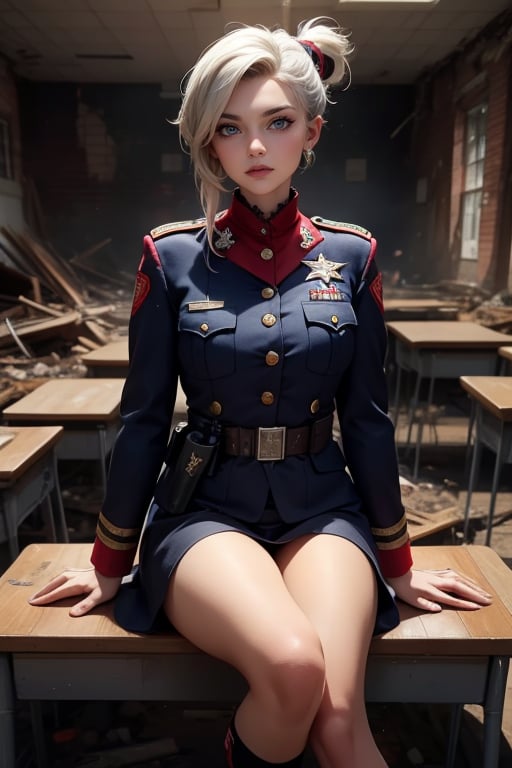 masterpiece,best quality, highly detailed, ruby_rose, looking_at_viewer, ((cowboy shot)), walking with white haired female military officer, (officer with long white ponytail), other officers, sitting in colapsed school buildings, desks bonfire, rubble, post-apocalypse, dystopian future,  poakl