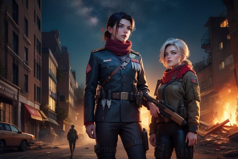 masterpiece,best quality, highly detailed, ruby_rose, looking_at_viewer,  cowboy shot, standing, with white haired female military officer, officer with long white ponytail, in futuristic city street, night, stars, female military on street, post-war ruins in distance, bonfire, post-apocalypse, dystopian future, poakl