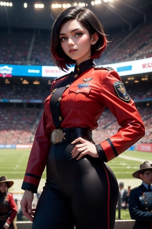 masterpiece,best quality, highly detailed, ruby_rose, very short black hair with red highlights, looking_at_viewer, ((cowboy shot)), wearing military uniform, standing with fellow female officers, standing in stadium, small crowd, spectators, poakl