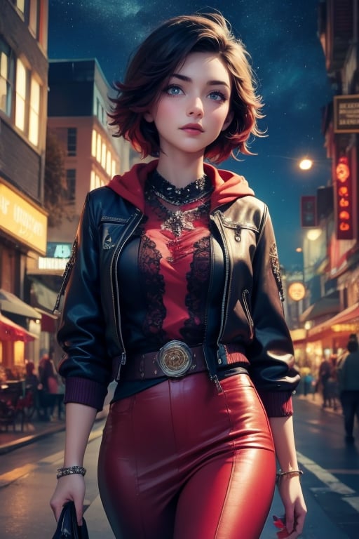 masterpiece,best quality, highly detailed, ruby_rose,1girl,solo,looking_at_viewer, cowboy shot, walking, in futuristic city street, night, stars, poakl