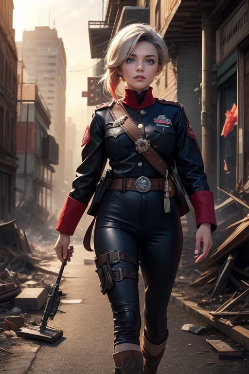 masterpiece,best quality, highly detailed, ruby_rose, looking_at_viewer, ((cowboy shot)), wearing military uniform, walking, with white haired female military officer, officer with long white ponytail, in cityscape,  female military on street, post-war ruins in distance, bonfire, post-apocalypse, dystopian future, poakl