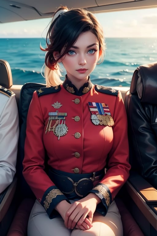 masterpiece,best quality, highly detailed, ruby_rose, looking_at_viewer, ((cowboy shot)), wearing military uniform, sitting, with white haired female military officer, officer with long white ponytail, in private jet above the sea,  other military officers on jet, poakl