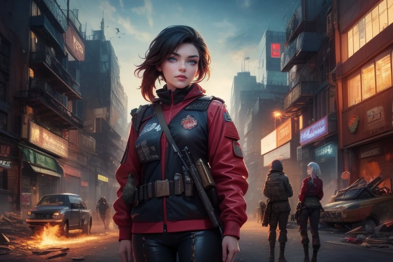 masterpiece,best quality, highly detailed, (ruby_rose, looking_at_viewer,  cowboy shot), standing, with white haired female military officer, officer with long white ponytail, in futuristic city street, night, stars, female military on street, post-war ruins in distance, bonfire, post-apocalypse, dystopian future, poakl