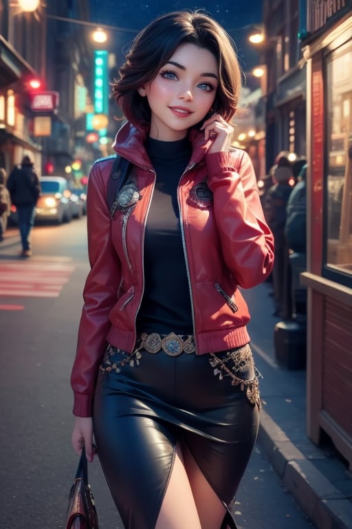 masterpiece,best quality, highly detailed, ruby_rose,1girl,solo,looking_at_viewer, smile, cowboy shot, walking, in futuristic city street, night, stars, poakl