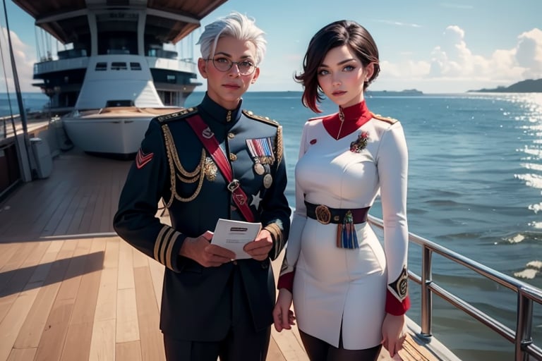 masterpiece,best quality, highly detailed, ruby_rose, looking_at_viewer, ((cowboy shot)), wearing military uniform, standing on pier, next to futuristic yacht, with white haired female military officer, officer with long white ponytail, other military officers, poakl