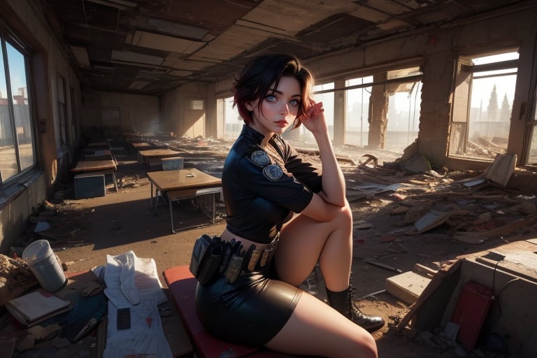 masterpiece,best quality, highly detailed, ruby_rose, looking_at_viewer, ((cowboy shot)), sitting with other female officers, sitting in collapsed school buildings, desks, bonfire, rubble, post-apocalypse, dystopian future,  poakl