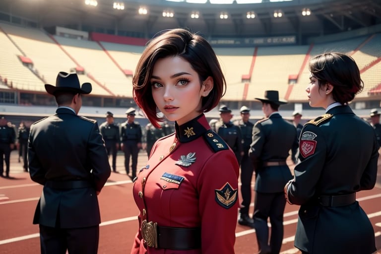 masterpiece,best quality, highly detailed, ruby_rose, very short black hair with red highlights, looking_at_viewer, ((cowboy shot)), wearing military uniform, standing with female officers who are representing different countries, standing in stadium, small crowd, spectators, poakl