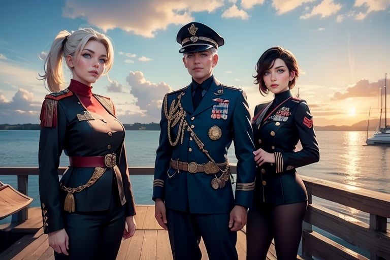 masterpiece,best quality, highly detailed, ruby_rose, looking_at_viewer, ((cowboy shot)), wearing military uniform, standing on pier, next to futuristic yacht, with white haired female military officer, officer with long white ponytail, other military officers, poakl