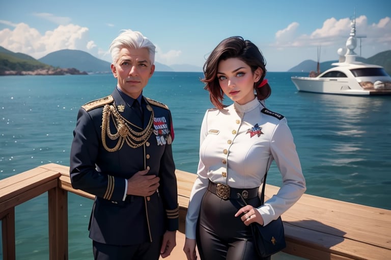 masterpiece,best quality, highly detailed, ruby_rose, looking_at_viewer, ((cowboy shot)), wearing military uniform, standing on pier, next to luxury yacht, with white haired female military officer, officer with long white ponytail, in private jet above the sea,  other military officers on jet, poakl