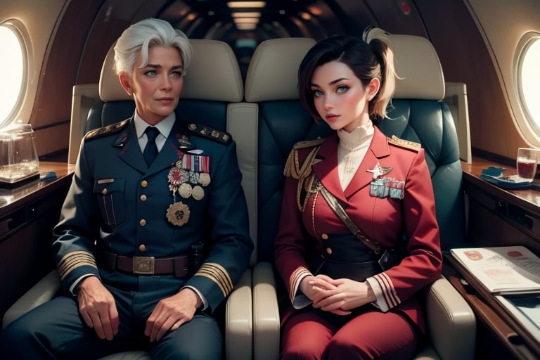 masterpiece,best quality, highly detailed, ruby_rose, looking_at_viewer, ((cowboy shot)), wearing military uniform, sitting, with white haired female military officer, officer with long white ponytail, in private jet above the sea,  other military officers on jet, poakl