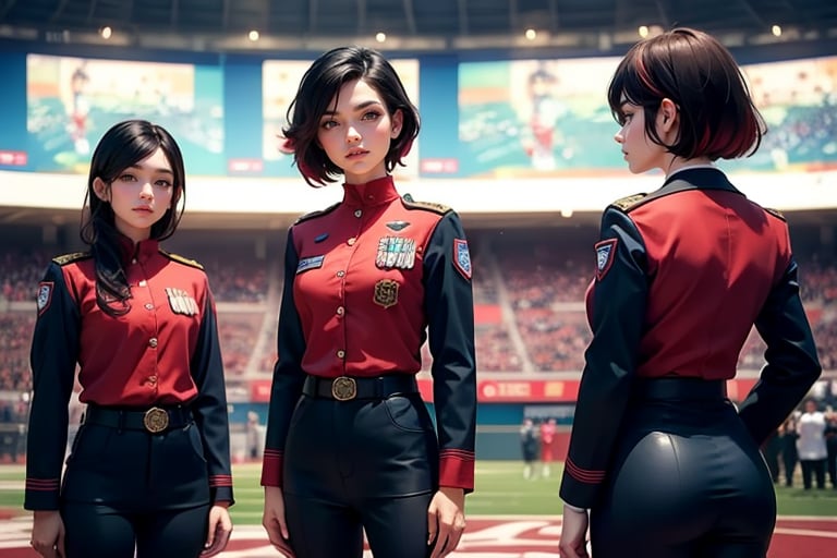 masterpiece,best quality, highly detailed, ruby_rose, very short black hair with red highlights, looking_at_viewer, ((cowboy shot)), wearing military uniform, standing with female officers who are representing different countries, standing in stadium, small crowd, spectators, poakl