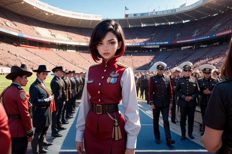 masterpiece,best quality, highly detailed, ruby_rose, very short black hair with red highlights, looking_at_viewer, ((cowboy shot)), wearing military uniform, standing with female officers who are representing different countries, standing in stadium, small crowd, spectators, poakl