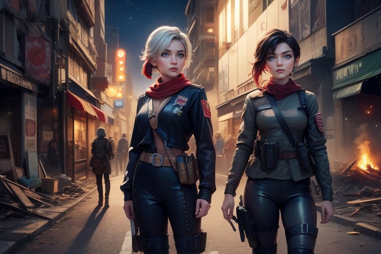 masterpiece,best quality, highly detailed, (ruby_rose, looking_at_viewer,  cowboy shot), standing, with white haired female military officer, officer with long white ponytail, in futuristic city street, night, stars, female military on street, post-war ruins in distance, bonfire, post-apocalypse, dystopian future, poakl