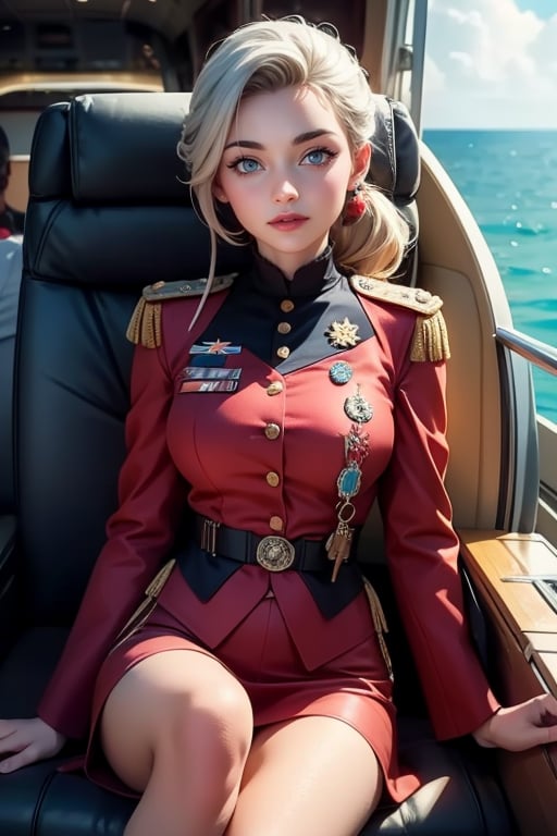 masterpiece,best quality, highly detailed, ruby_rose, looking_at_viewer, ((cowboy shot)), wearing military uniform, sitting, with white haired female military officer, officer with long white ponytail, in private jet above the sea,  other military officers on jet, poakl