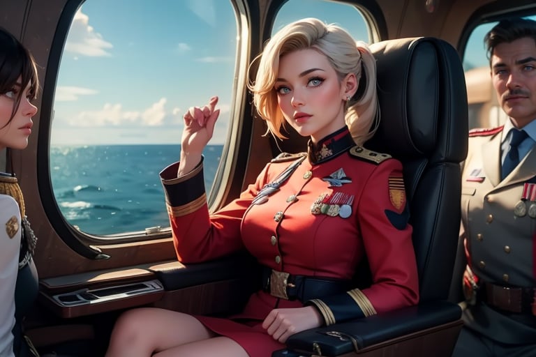 masterpiece,best quality, highly detailed, ruby_rose, looking_at_viewer, ((cowboy shot)), wearing military uniform, sitting, with white haired female military officer, officer with long white ponytail, in private jet above the sea,  other military officers on jet, poakl