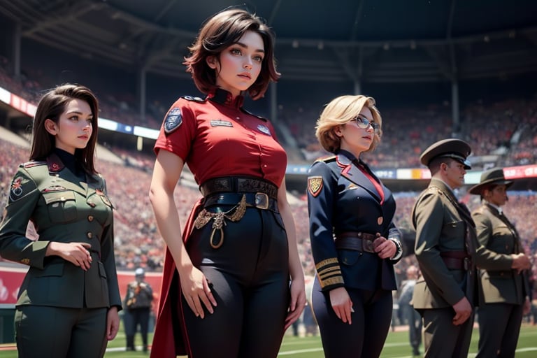 masterpiece,best quality, highly detailed, ruby_rose, very short black hair with red highlights, looking_at_viewer, ((cowboy shot)), wearing military uniform, standing with female officers who are representing different countries, standing in stadium, small crowd, spectators, poakl