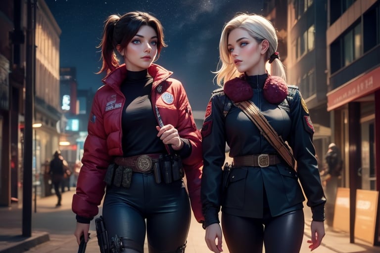 masterpiece,best quality, highly detailed, ruby_rose, looking_at_viewer,  cowboy shot, patrolling with white haired female military officer, officer with long white ponytail, in futuristic city street, night, stars, female military on street, poakl