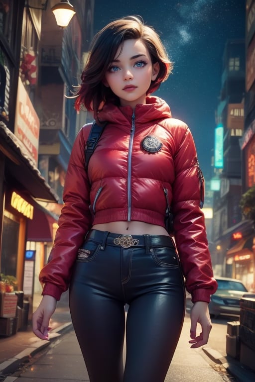 masterpiece,best quality, highly detailed, ruby_rose,1girl,solo,looking_at_viewer, cowboy shot, walking, in futuristic city street, night, stars, poakl